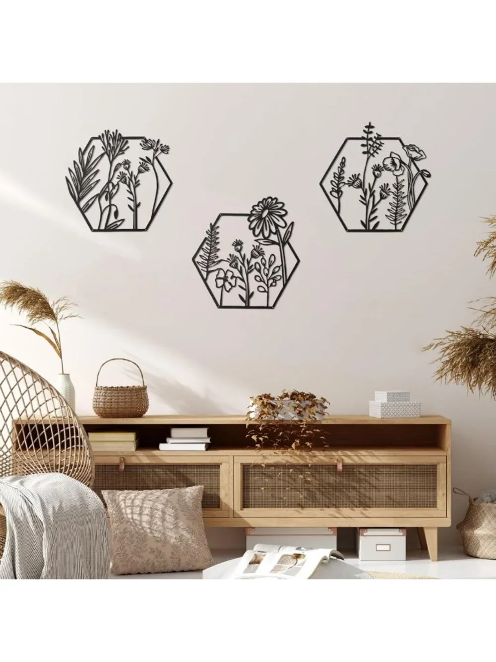 3-Piece Metal Flower Wall Decor Set - Minimalist Floral Hanging Art, Black